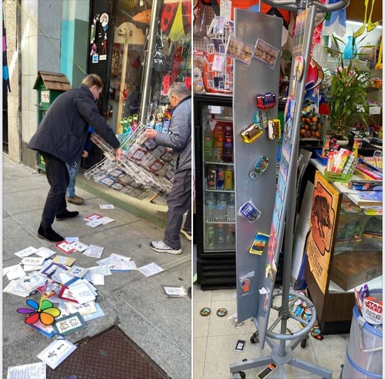 En esta captura de pantalla, un hombre ayuda al dueño de una tienda a recoger un expositor después de que un grupo de adolescentes destrozara la tienda en Chinatown, San Francisco, el 16 de marzo de 2020.