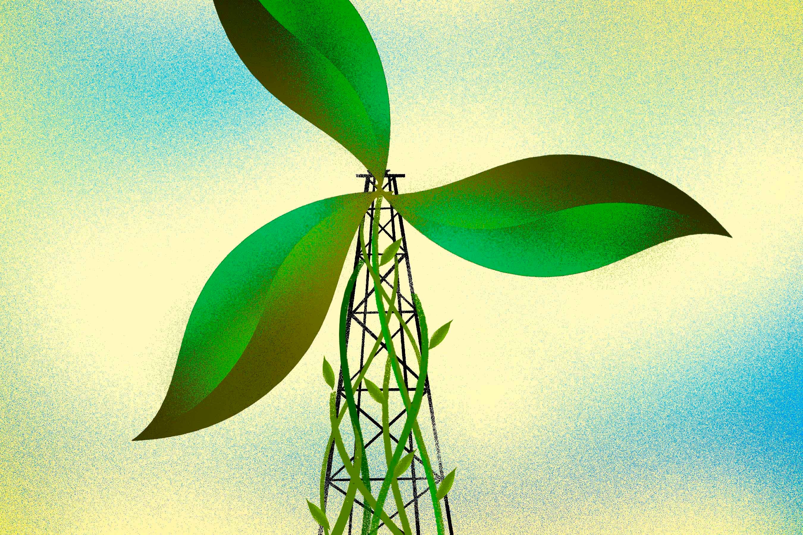Illustration of a windmill with leaves for blades