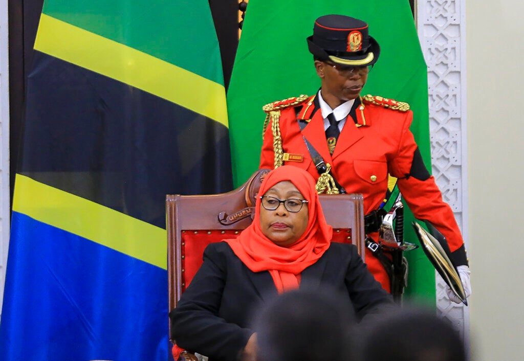 Samia Suluhu Hassan, center, made history when she was sworn in as Tanzania's first female president at a ceremony at State House in Dar es Salaam, March 19, 2021. 