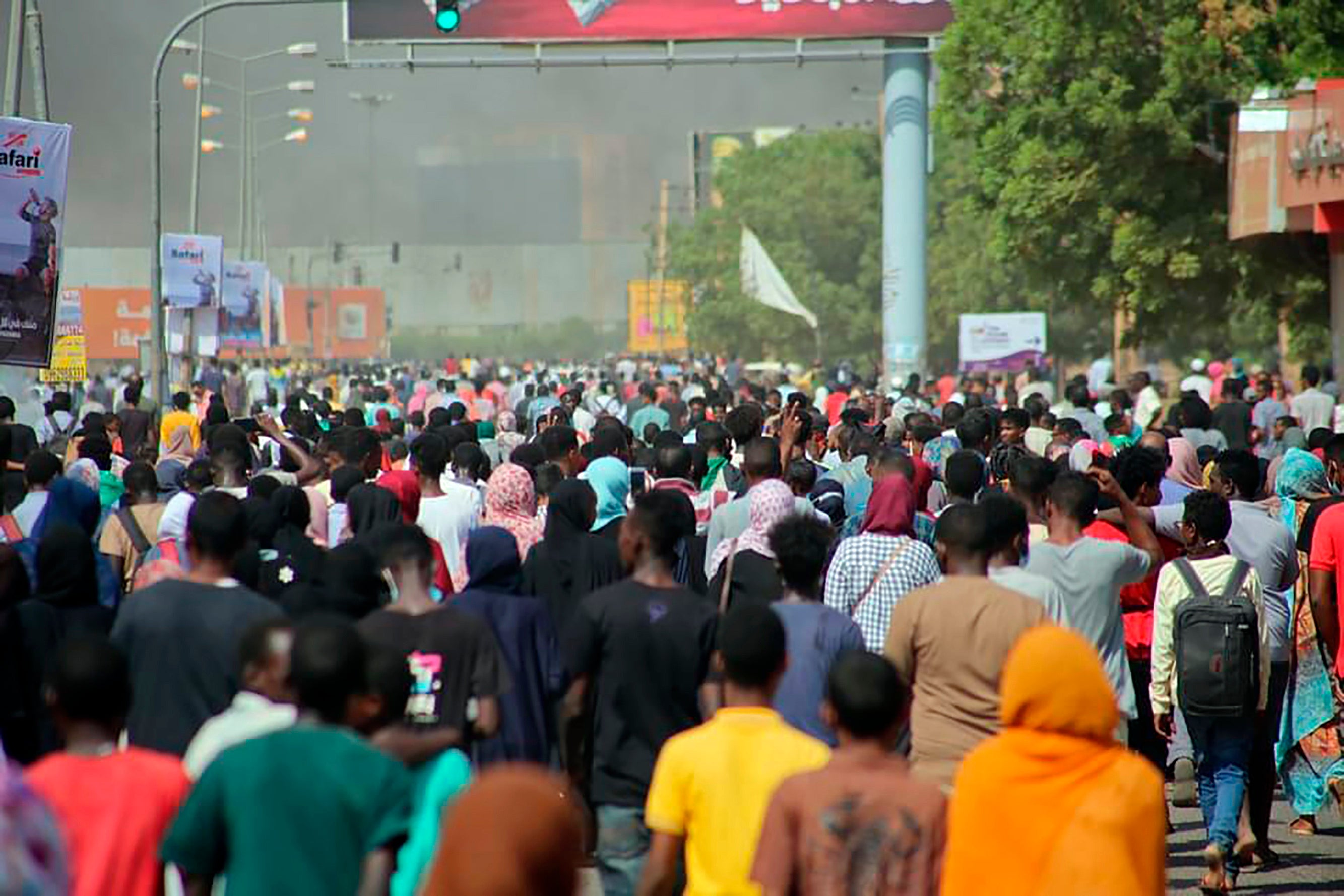 A crowd of protesters in the street