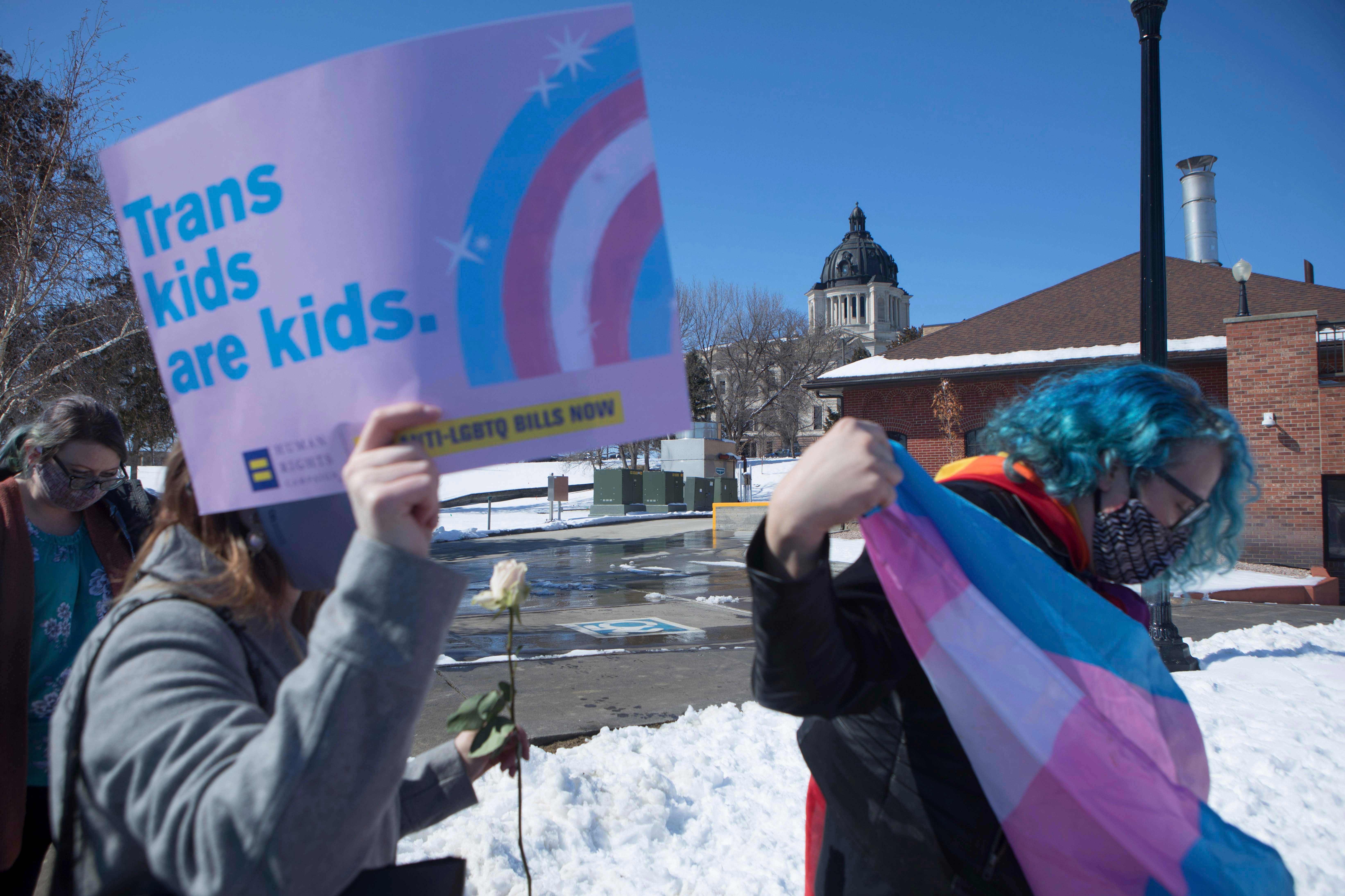 A protester holds a sign that reads "Trans kids are kids"