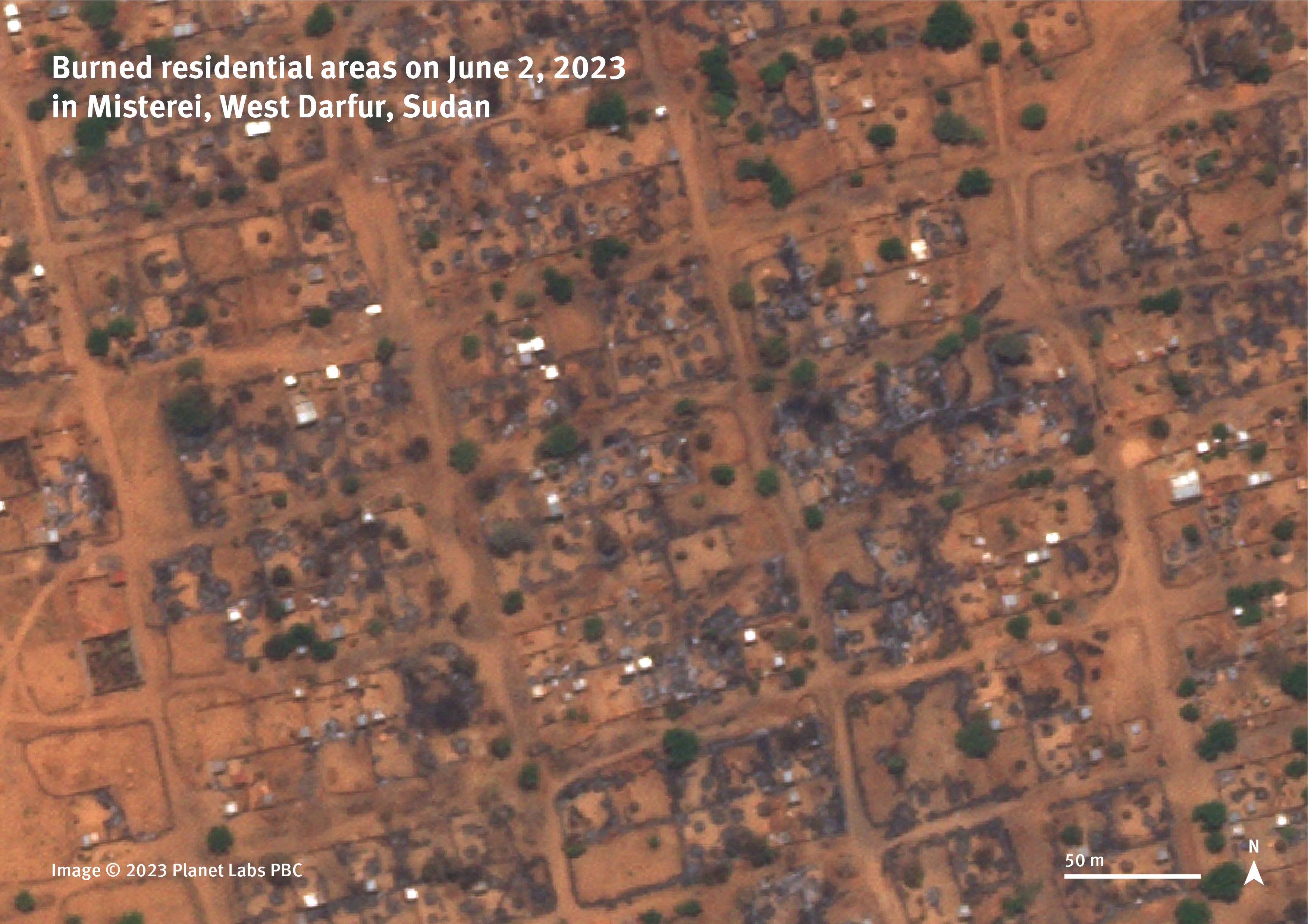 Satellite imagery of June 2, 2023 shows residential areas destroyed by fire in the town of Misterei, West Darfur, Sudan. 