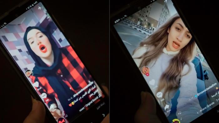 Egyptian influencers Hanin Hossam and Mawadda al-Adham, who were sentenced to two years in prison on charges of violating public morals, on the video-sharing app TikTok in Egypt's capital Cairo. 