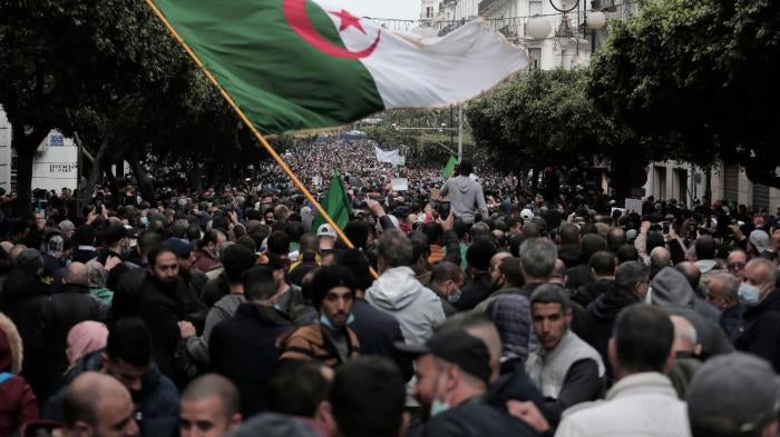 Algerians demonstrate in Algiers to mark the second anniversary of the Hirak movement, February 22, 2021. 
