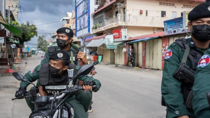 Military Police patrol in a Red Zone to ensure people abide by the lockdown measures. Phnom Penh remains in lockdown as Cambodia takes drastic measures to reduce the spread of its worst COVID-19 outbreak to date. 