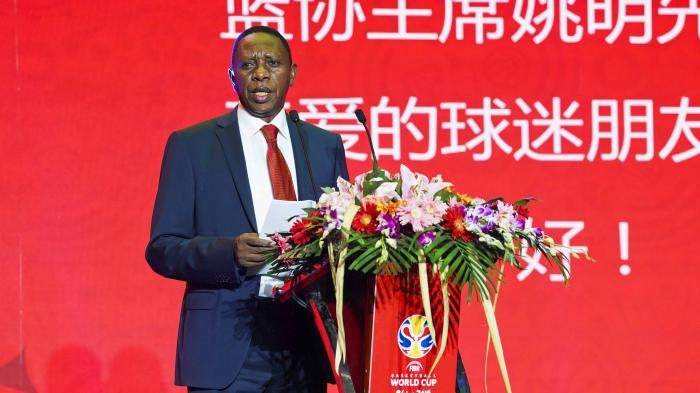 Former President of the International Basketball Federation (FIBA) Hamane Niang attends the FIBA Basketball World Cup 2019 official mascot launch ceremony on April 18, 2018 in Beijing, China. 