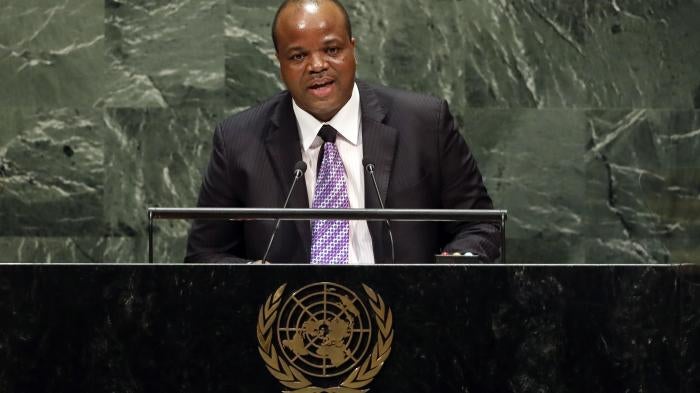 King Mswati III of Eswatini addresses the 74th session of the United Nations General Assembly, September 25, 2019.