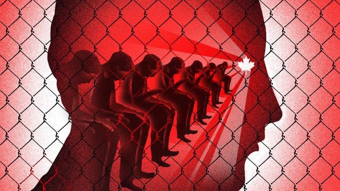 Red and black illustration of people in detention