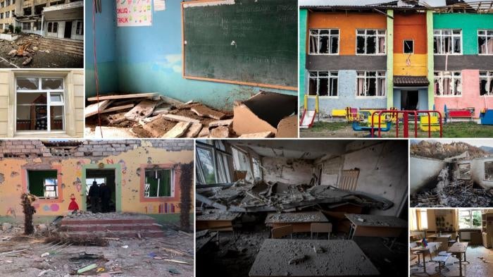 A collage of eight images showing damage to schools 