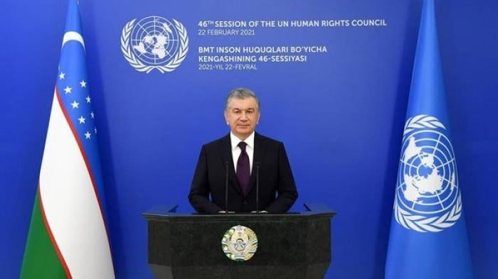 President of the Republic of Uzbekistan Shavkat Mirziyoyev delivers a speech at the 46th Session of the United Nations Human Rights Council on February 22, 2021.