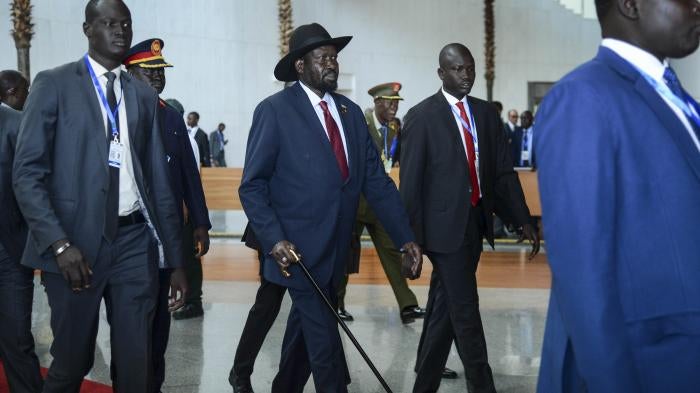 South Sudan's President Salva Kiir, center, arrives for the opening session of the 33rd African Union (AU) Summit at the AU headquarters in Addis Ababa, Ethiopia, February 9, 2020. 