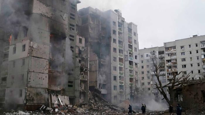 A residential building in Chernihiv, Ukraine damaged by Russian aerial attack on March 3, 2022.