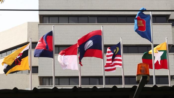 Flags of member countries fly at the ASEAN Secretariat in Jakarta, Indonesia, April 22, 2021.