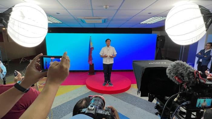 Incoming Philippines President Ferdinand Marcos Jr. speaks to reporters