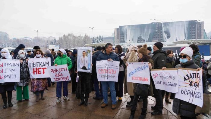 Demonstrators attend a rally in memory of victims of the January 2022 country-wide unrest in Almaty, Kazakhstan, February 13, 2022.
