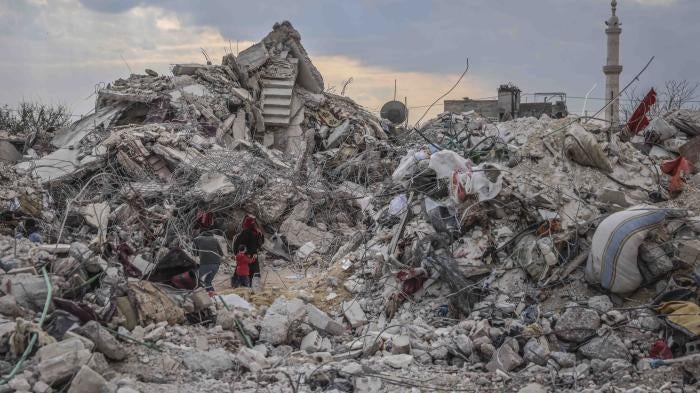Destruction left by the deadly earthquake that struck Syria and Turkey in Jindires, northwestern Syria on February 11, 2023.