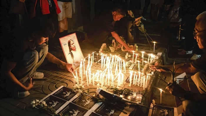 Pro-democracy protesters during a mourning ceremony for Netiporn “Bung” Sanesangkhom, a Thai political activist, outside the Southern Bangkok Criminal Court on May 14, 2024.