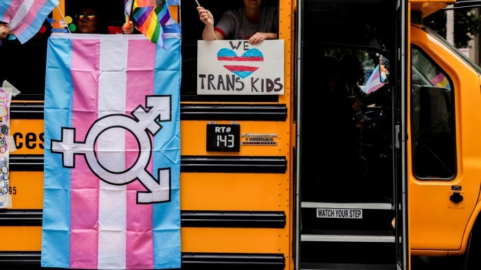 A school bus makes its way down Market Street during the San Francisco Pride Parade on Sunday, June 25, 2023. 