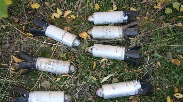 Photo of 9N235 submunitions that failed to explode during a cluster munition attack collected and displayed in Starobesheve, photo taken on October 11, 2014. © 2015 Human Rights Watch