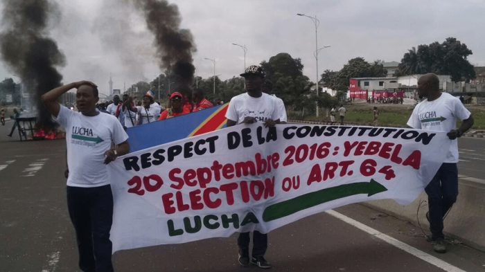 Pro-democracy youth activists at a protest against election delays in Kinshasa, capital of the Democratic Republic of Congo, on September 19, 2016.