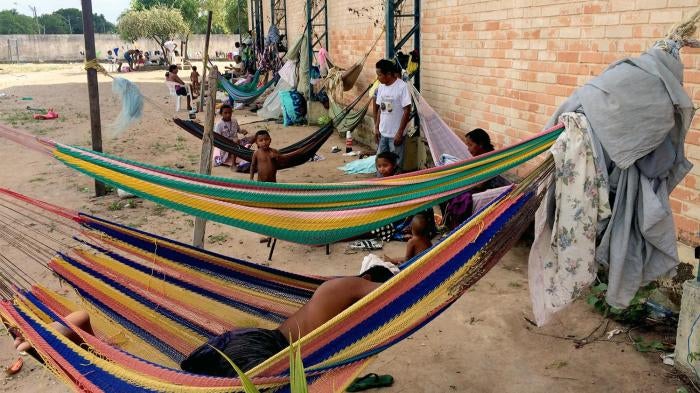 Hammocks where members of the Venezuelan Warao indigenous community sleep at a shelter in Boa Vista. Others sleep on the floor inside the shelter. February 11, 2017. 