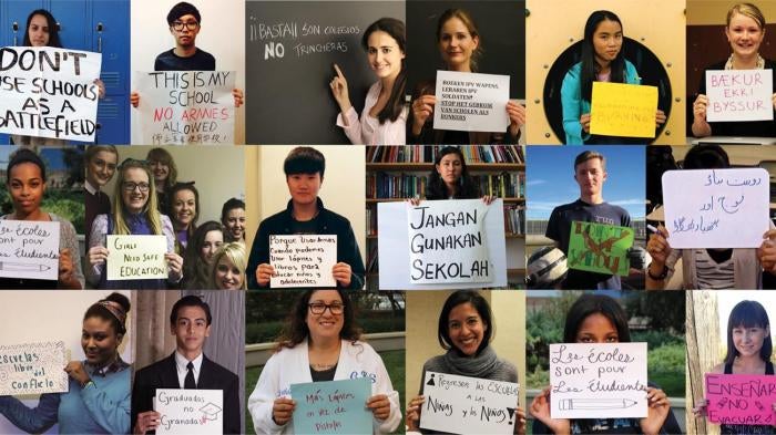 Estudiantes y profesores de todo el mundo piden que las escuelas y universidades estén protegidas contra el uso militar.