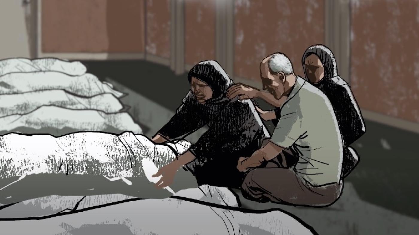 A drawing of parents claiming their dead son's body.