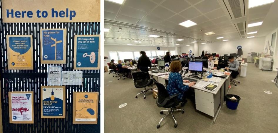 Two photos, side-by-side.  On the left, a sign says "Here to Help" above six brochures.  On the right, workers sit at desks in a well-lit office.