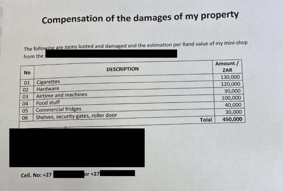 A redacted document listing property damage