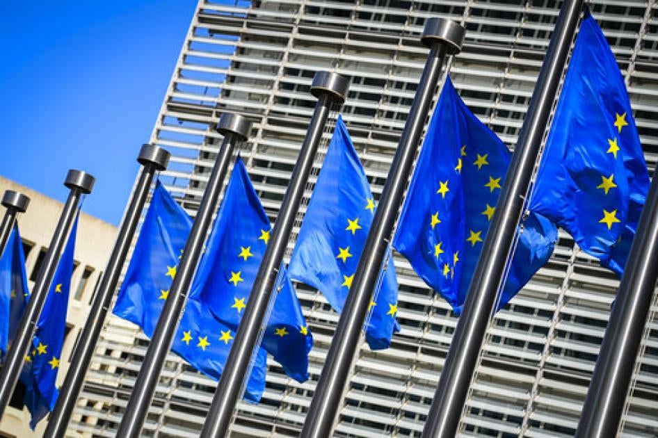 European Union flags are waving in front of the headquarters of the European Commission in Brussels. August 5, 2020. 
