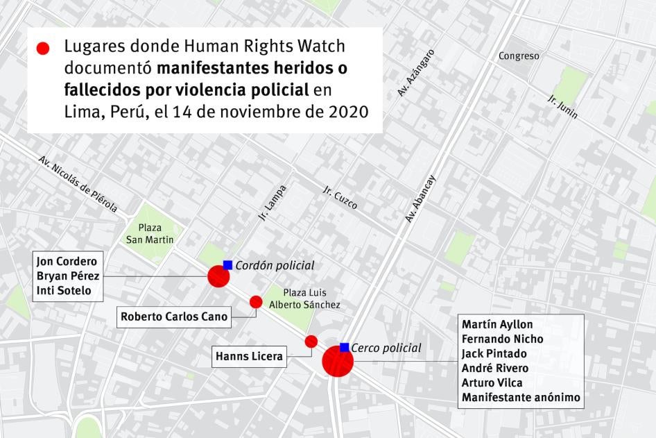 Human Rights Watch documentó nueve casos de manifestantes heridos y dos fallecidos en una zona de dos manzanas en el centro de Lima la noche del 14 de noviembre de 2020. En los 11 casos las heridas fueron causadas por perdigones, presuntamente de plomo, o por cartuchos de gases lacrimógenos.