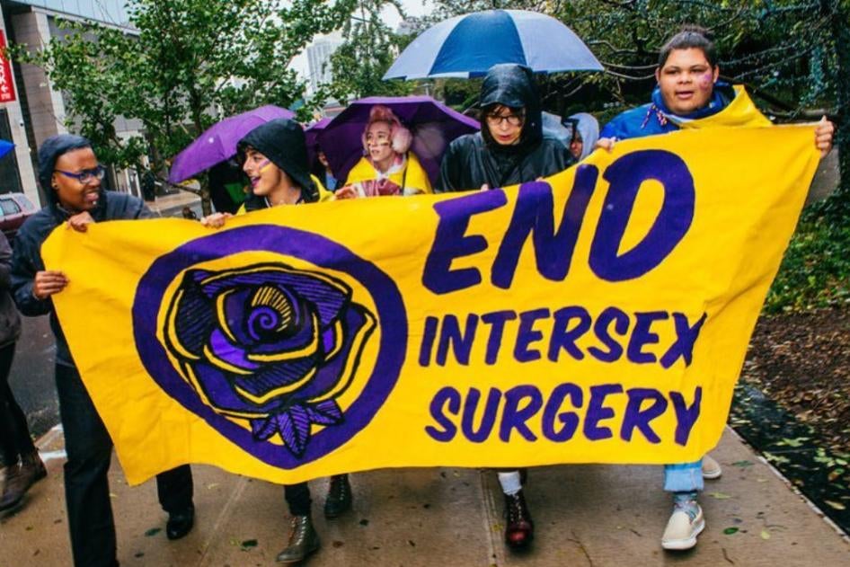 People rally to end intersex surgeries in New York City, October 27, 2018. 