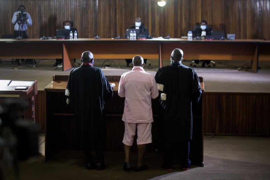 Paul Rusesabagina attends a court hearing in Kigali, Rwanda, February 26, 2021.