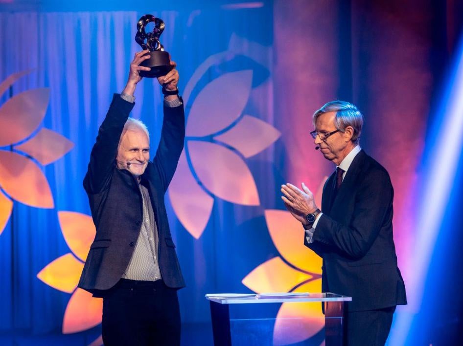 Belarusian human rights activist Ales Bialiatski speaks after he and the Belarusian human rights organization Vjasna were awarded the 2020 Right Livelihood Award during the 2020 awarding ceremony in Stockholm, Sweden on December 3, 2020.