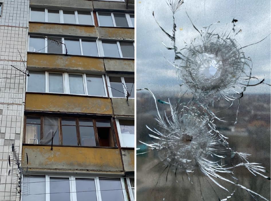 À gauche, la façade d’un immeuble résidentiel à Boutcha, en Ukraine, touché par des tirs russes le 7 mars 2022. À droite, la photo d’une fenêtre montrant les trous laissés par deux balles. L’un des tirs a blessé Vasyl Yushenko (32 ans) au cou, alors qu’il se trouvait dans son appartement avec sa femme, sa sœur et son beau-frère. Il a dû être évacué vers un hôpital à Kiev. 