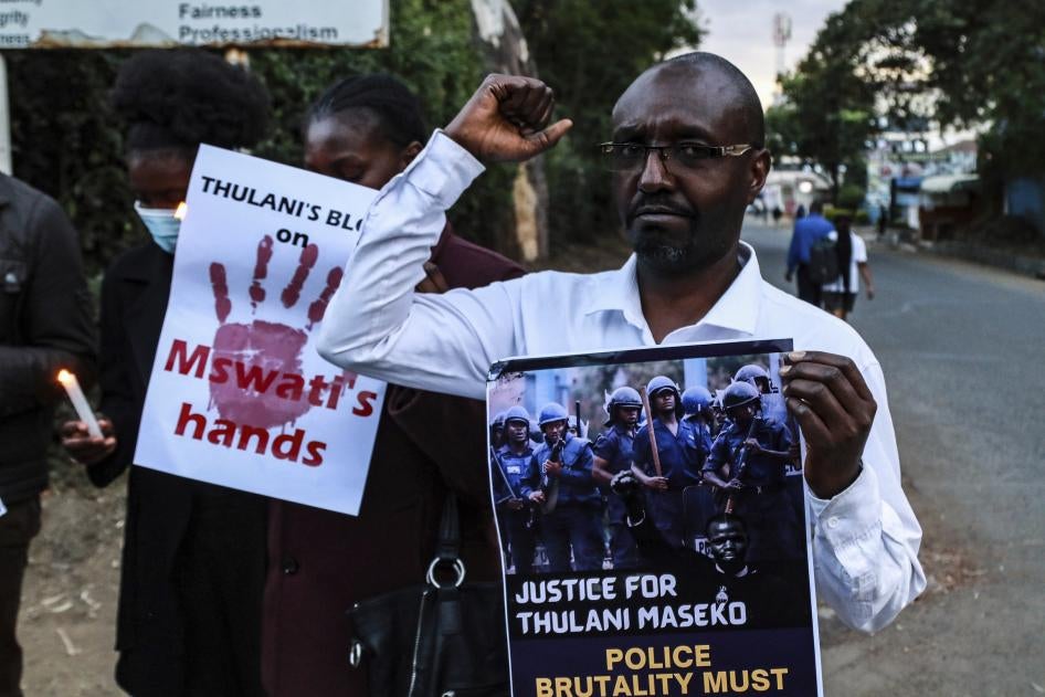 Activists hold posters and chant to pay tribute to the assassinated Eswatini, formerly Swaziland, Human Rights Lawyer Thulani Maseko in Nakuru Town, January 30, 2023. Ⓒ 2023 James Wakibia/SOPA Images/LightRocket