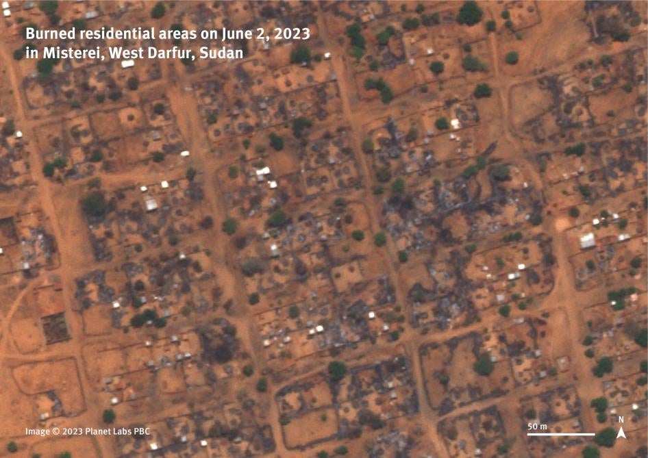 Satellite imagery of June 2, 2023 shows residential areas destroyed by fire in the town of Misterei, West Darfur, Sudan. 