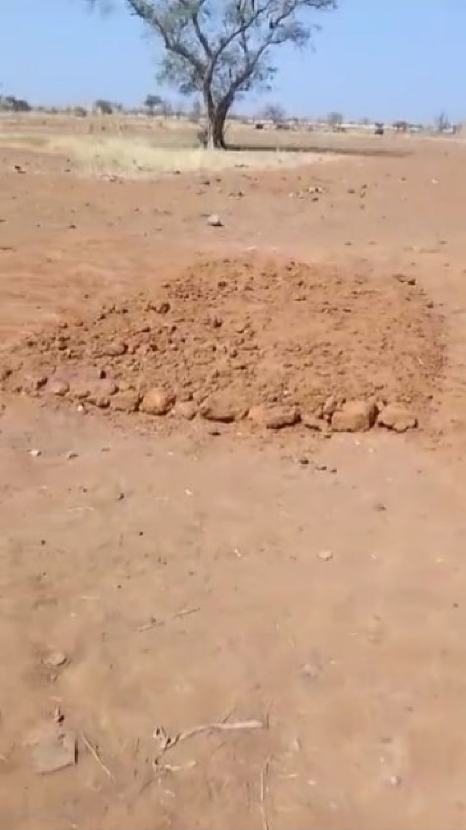 Screengrab of a video showing one of the eight reported mass graves in Soro. The person who recorded the video said it contains the bodies of 10 children. Human Rights Watch also geolocated a photograph showing the bodies of nine boys on the ground at the same location. 