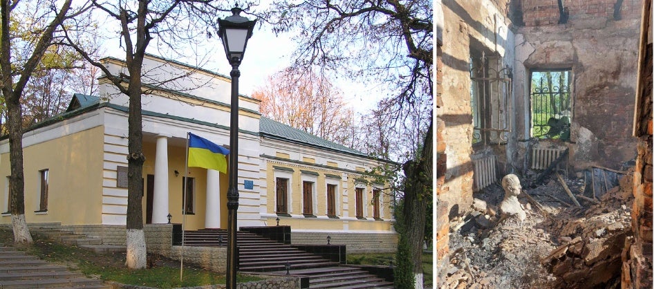 Side-by-side photos of a museum before and after its destruction