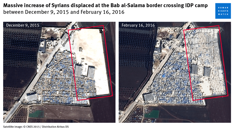 Images satellite montrant la forte hausse, entre le 9 décembre 2015 et le 16 février 2016, du nombre de tentes abritant des personnes déplacées dans le camp de Bab al-Salama, situé dans le nord de la Syrie près de la frontière avec la Turquie.