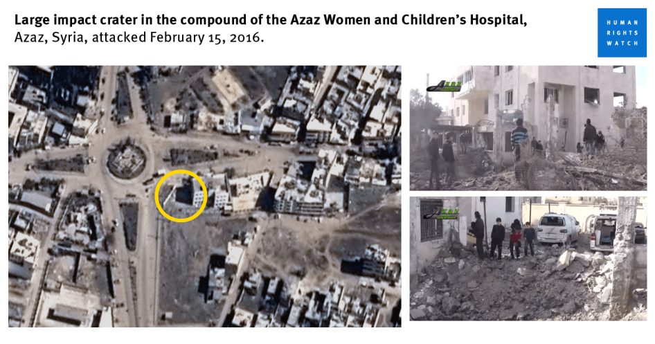 Image satellite et autres photos montrant un cratère sur le site d’un hôpital pour femmes et enfants à Azaz, dans la région d’Alep en Syrie, suite à une frappe aérienne menée le 15 février 2016.