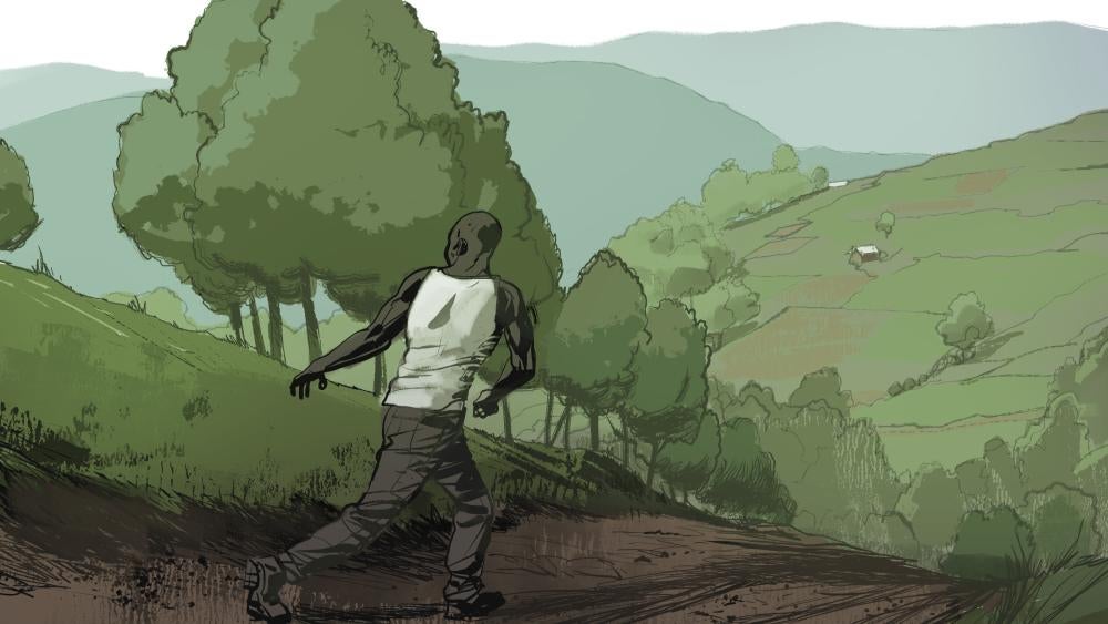 Illustration of man running down a rural road 