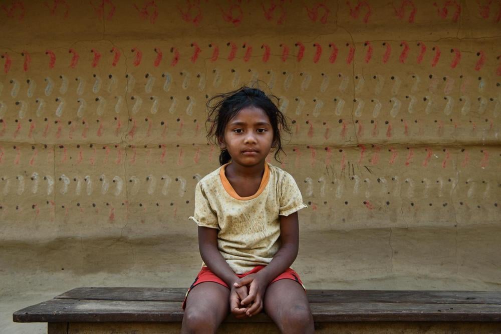 A five-year-old girl sits in a nursery school, which she is attending with a scholarship funded by a private sponsor. Quality education provides protection from child marriage—girls who are in school are less likely to marry. April 12, 2016.