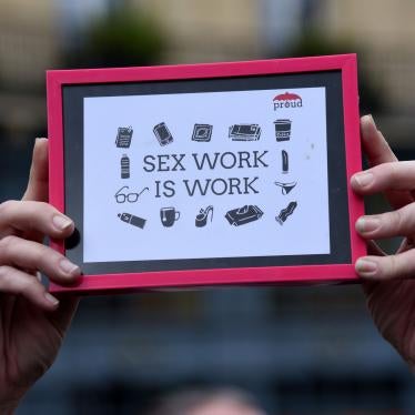 People demonstrate in support of sex workers, April 14, 2018. 