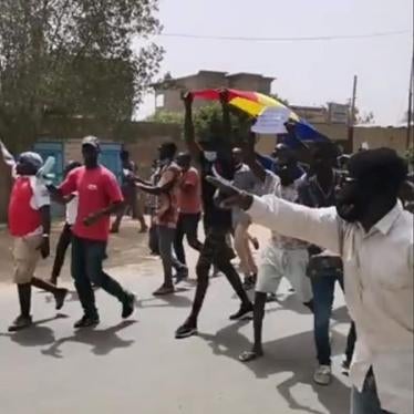 People in the streets of N'Djamena, Chad’s capital, protest against President Idriss Déby Itno running for a sixth term in the April 11, 2021 election.