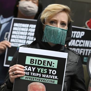Activists stand outside Pfizer Headquarters demanding US President Joe Biden support the "TRIPS Waiver" in New York, NY on April 22, 2021.