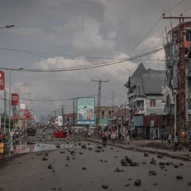 National Road No. 2 barricaded with stones to block traffic during a demonstration in Goma, eastern Democratic Republic of Congo, on December 20, 2021.
