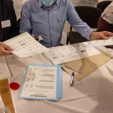 Ballot papers are seen on a table during the general parliamentary elections in Budapest, Hungary