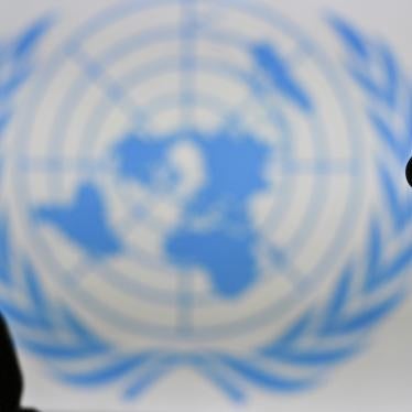 A woman looks at her cell phone in front of the United Nations logo displayed on a computer screen.