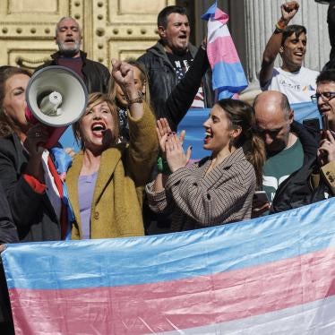 Spain’s Minister of Equality, Irene Montero, and LGBTI activists celebrate the passage of the “Trans Law” on the steps of the Congress of Deputies.